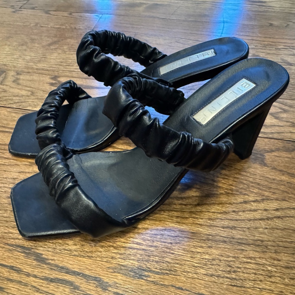 Billini Olina Black Ruched Strap Heeled Sandals Square Toe Size 9 - Picture 2 of 6